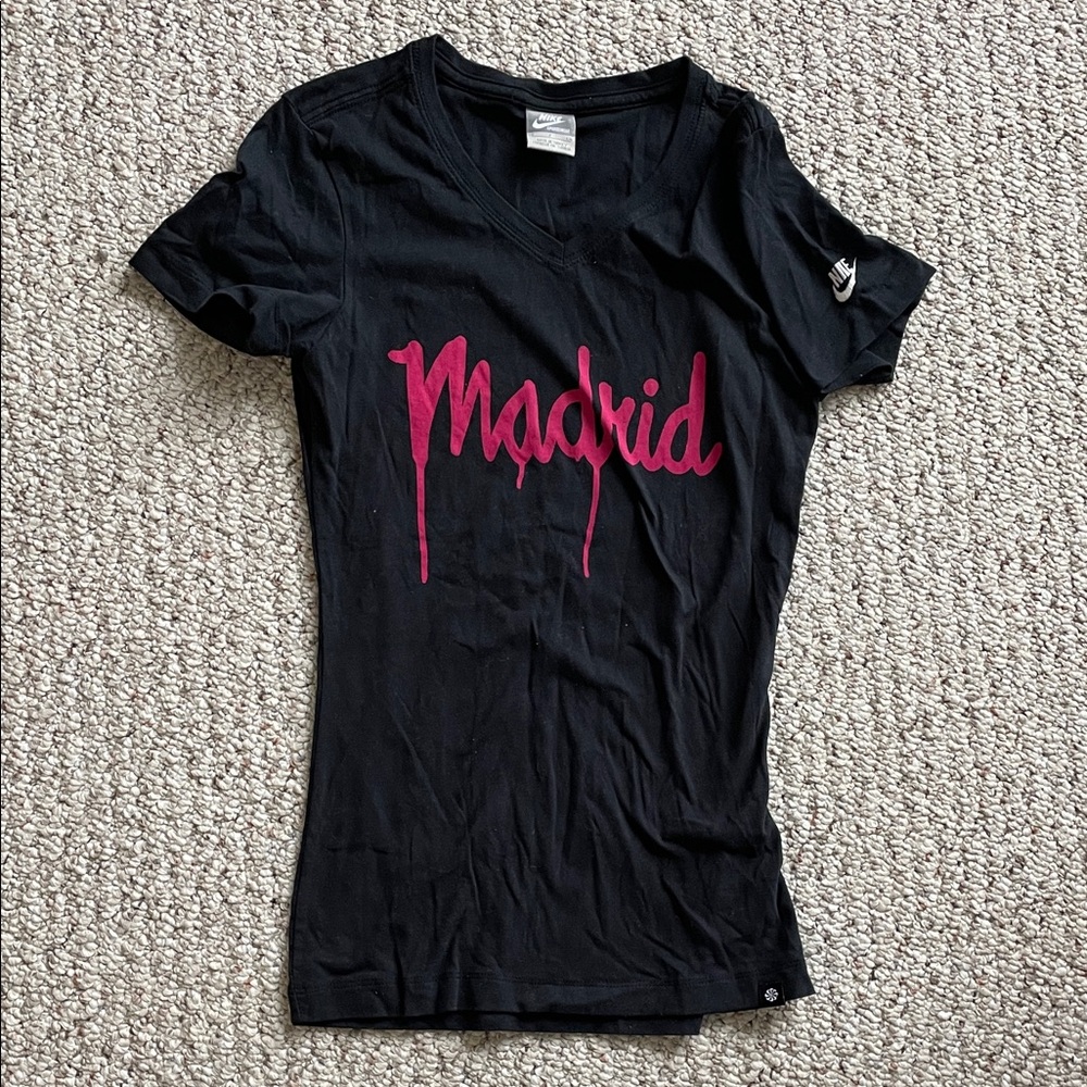 Nike Women’s Black V-neck Tee with Pink 'Madrid' Design